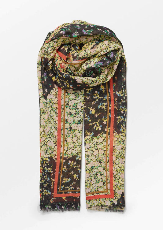 A black multicolor floral print scarf with red border detail.
