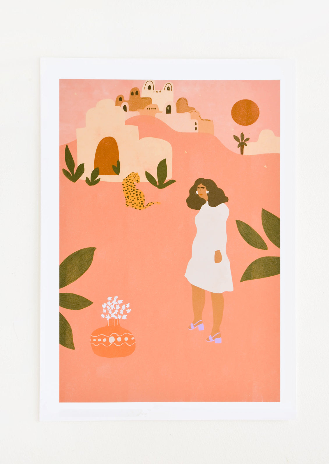 Whimsical art print of a woman wearing a dress in a desert landscape