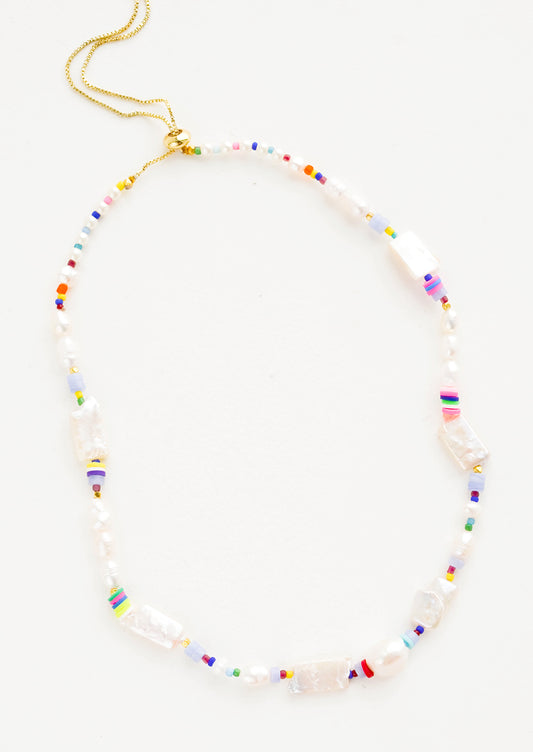 Beaded necklace with square freshwater pearls, multicolor heishi beads and colored seed beads on gold box chain