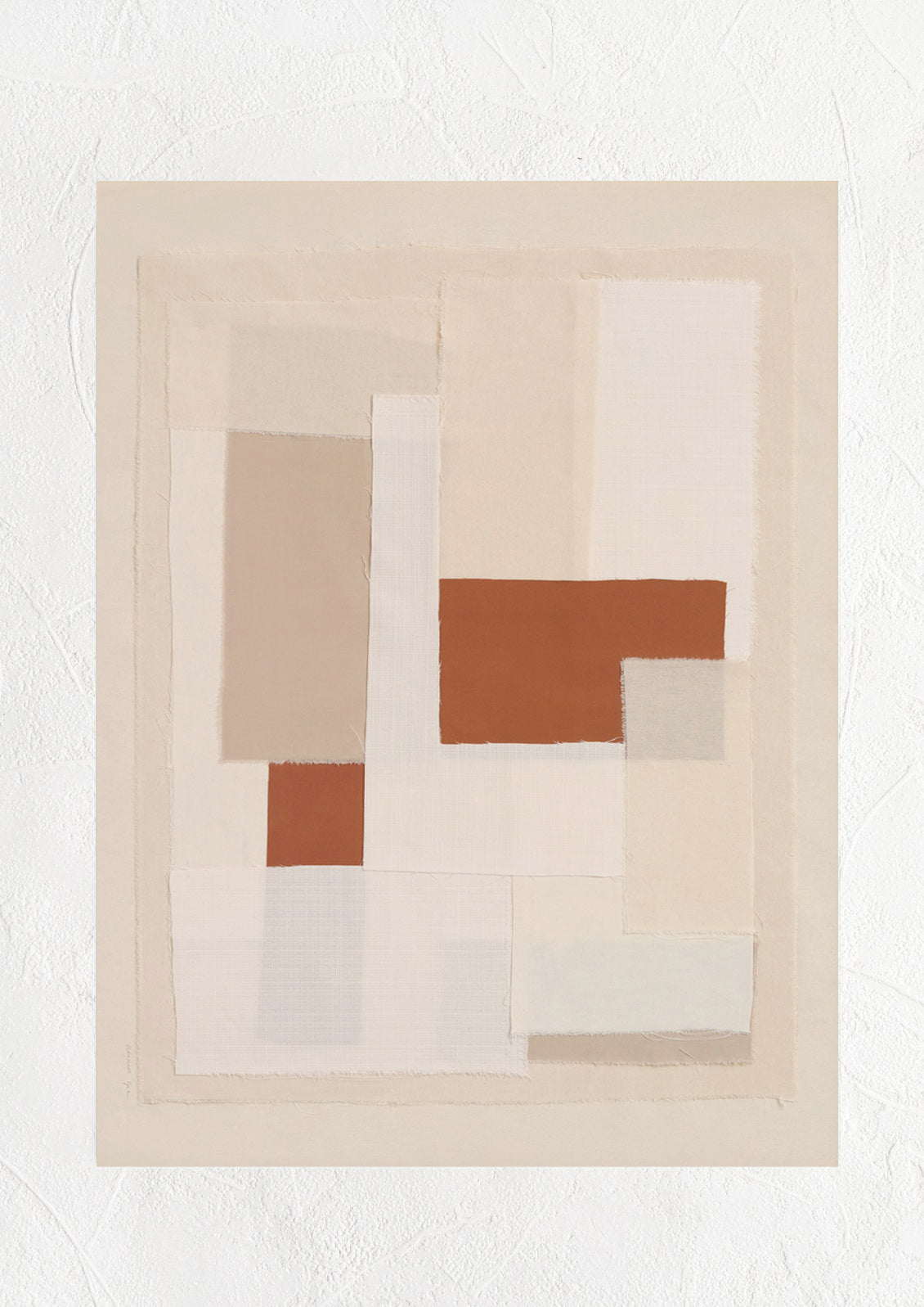 A photographic art print of beige, white and rust layered fabric.