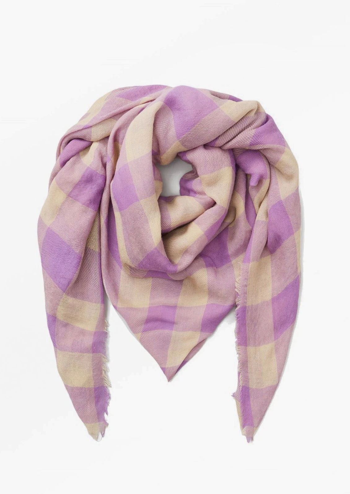 A gingham print scarf in purple and tan.