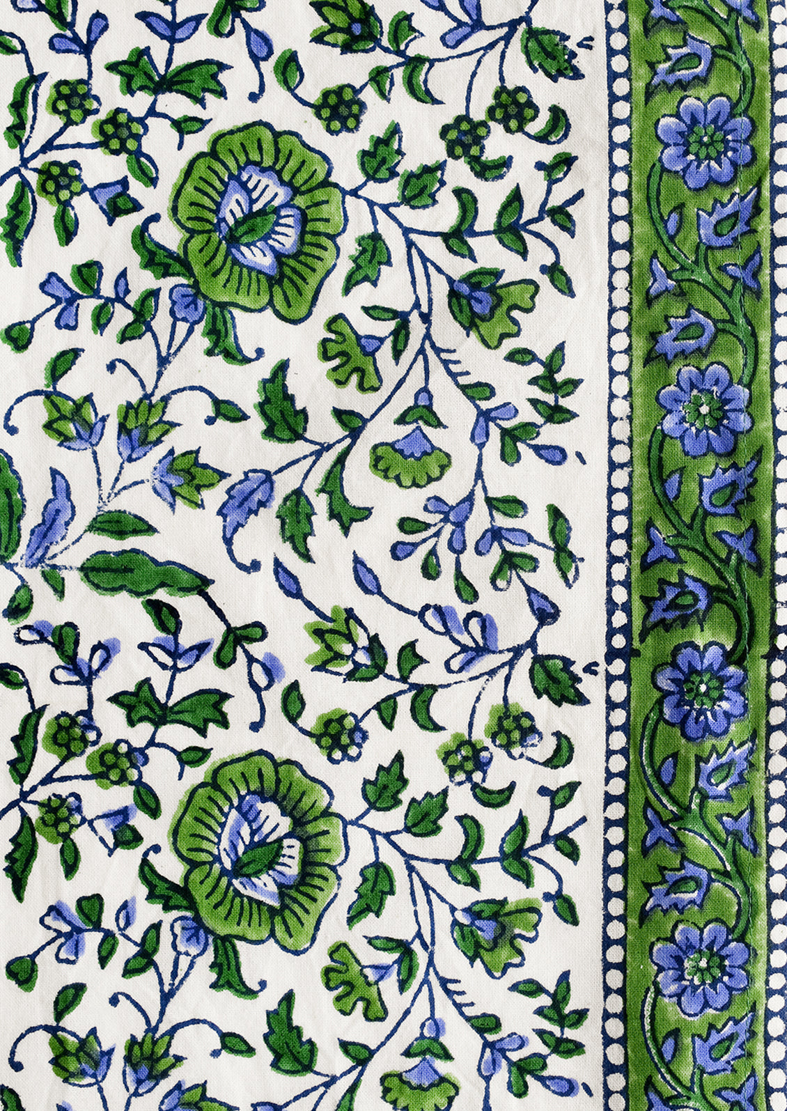 A block printed blue and green floral print with border.