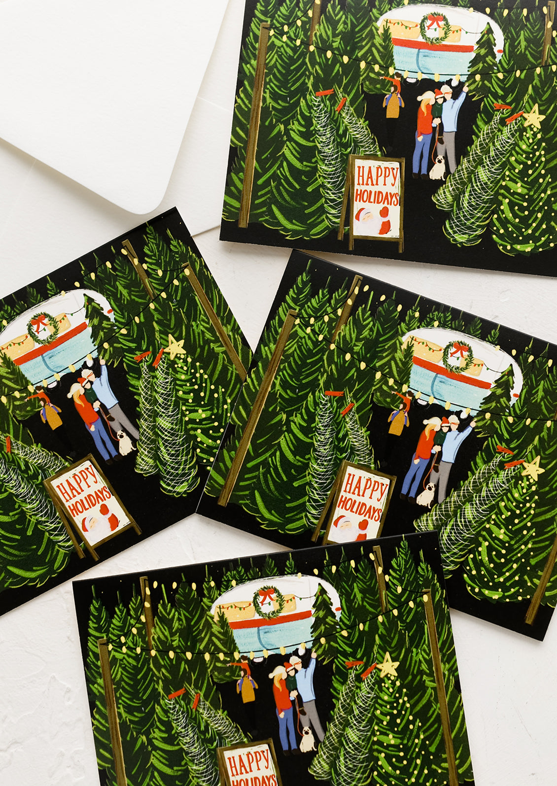 A set of cards with illustration of family shopping for a Christmas tree.