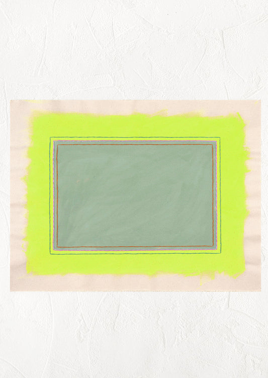 Digital reproduction of canvas painting featuring neon yellow and sage painted rectangles with embroidery detail.