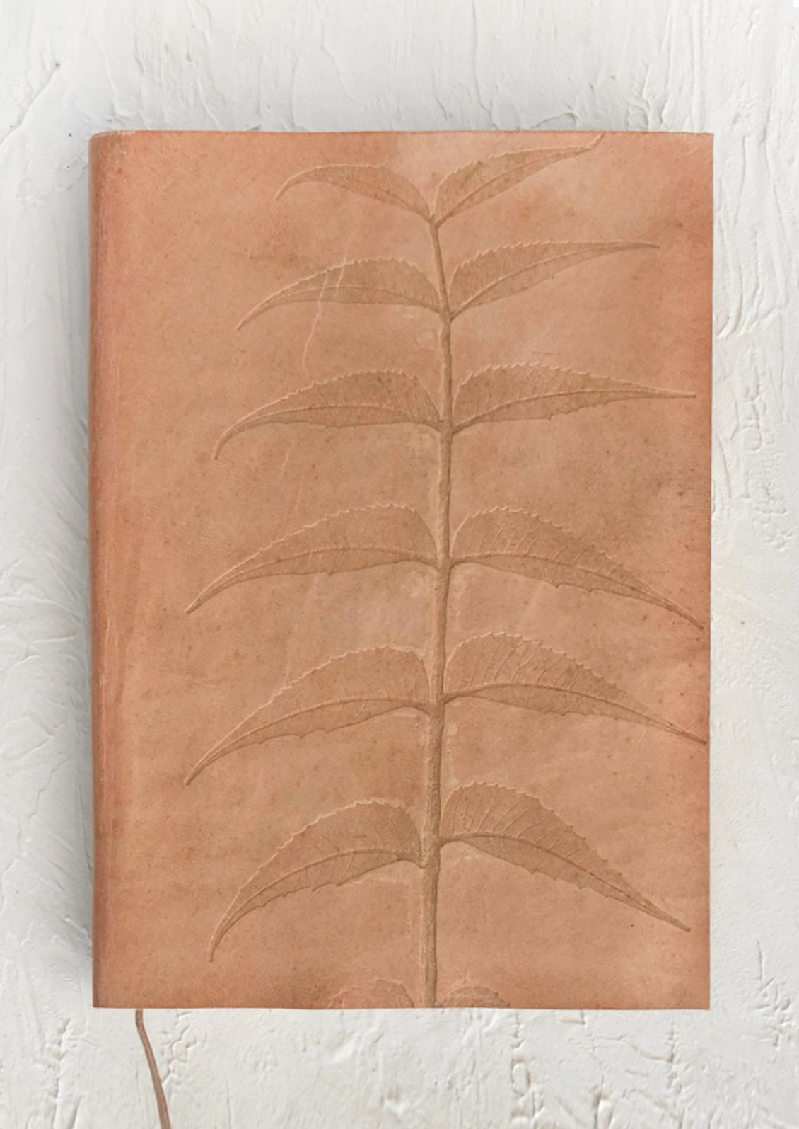 A natural leather journal with embossed leaf design.