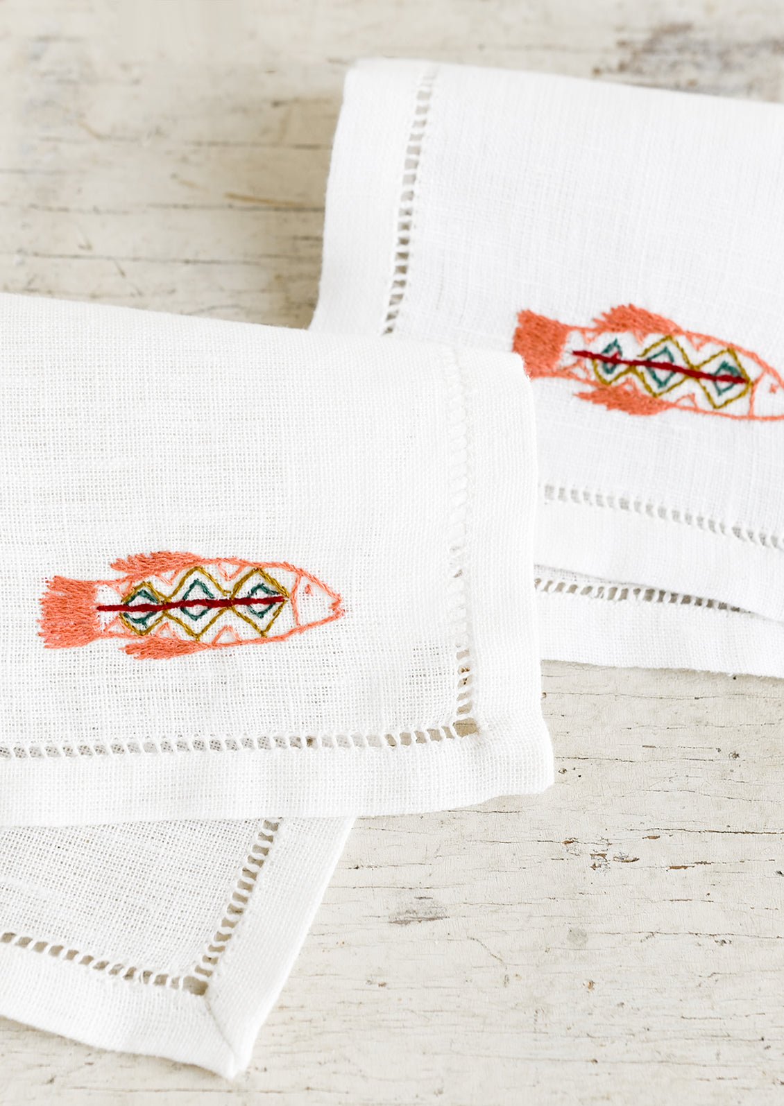 Salmon/trout cocktail outlet napkin set, fish napkins, hand embroidered natural linen, housewarming gift, fishing fan gift, fly fishing/angler gift