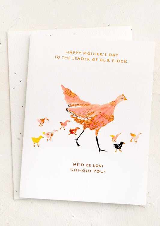 A card with illustration of chicken with chicks.