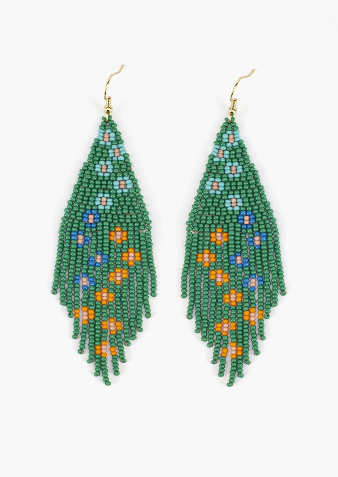 A pair of beaded floral earrings in green.