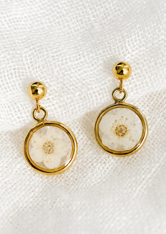 A pair of round bezel earrings with white dried flower.