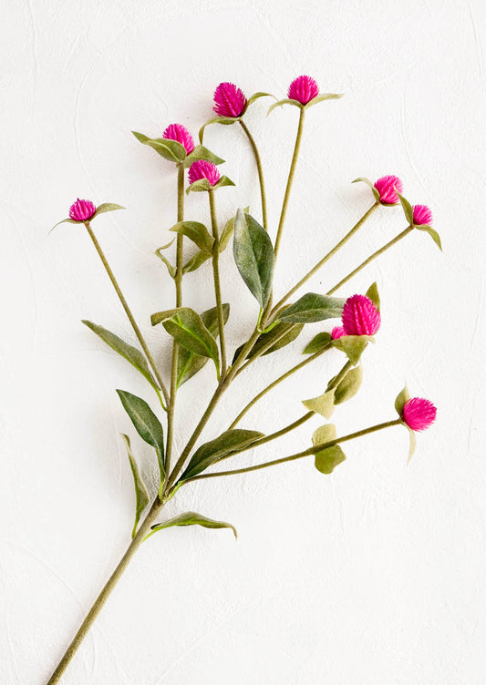 Realistic looking faux gomphrena cutting with stem, leaves and flowers