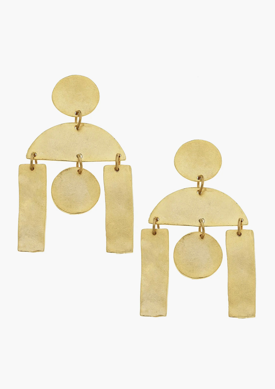 A pair of gold earrings with geometric chandelier design.