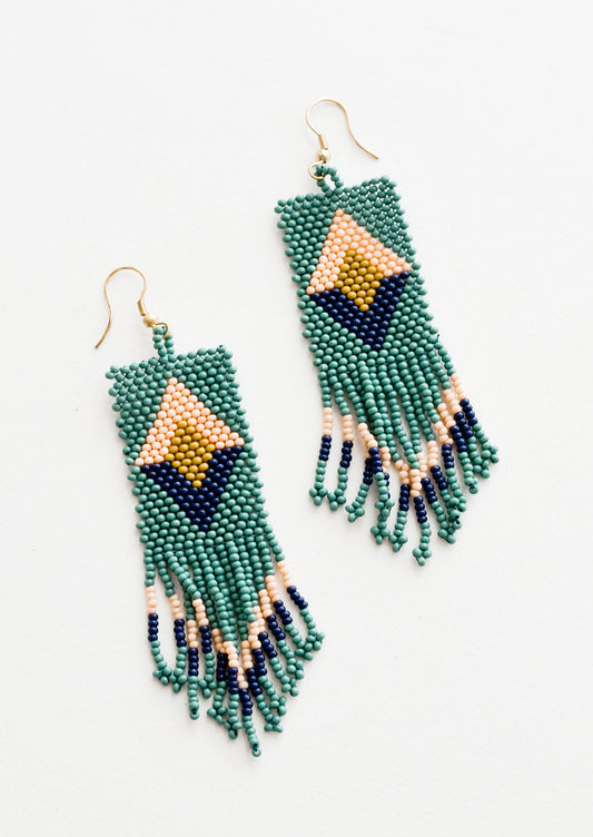 Teal beaded fringe earrings with pink and navy diamond design.