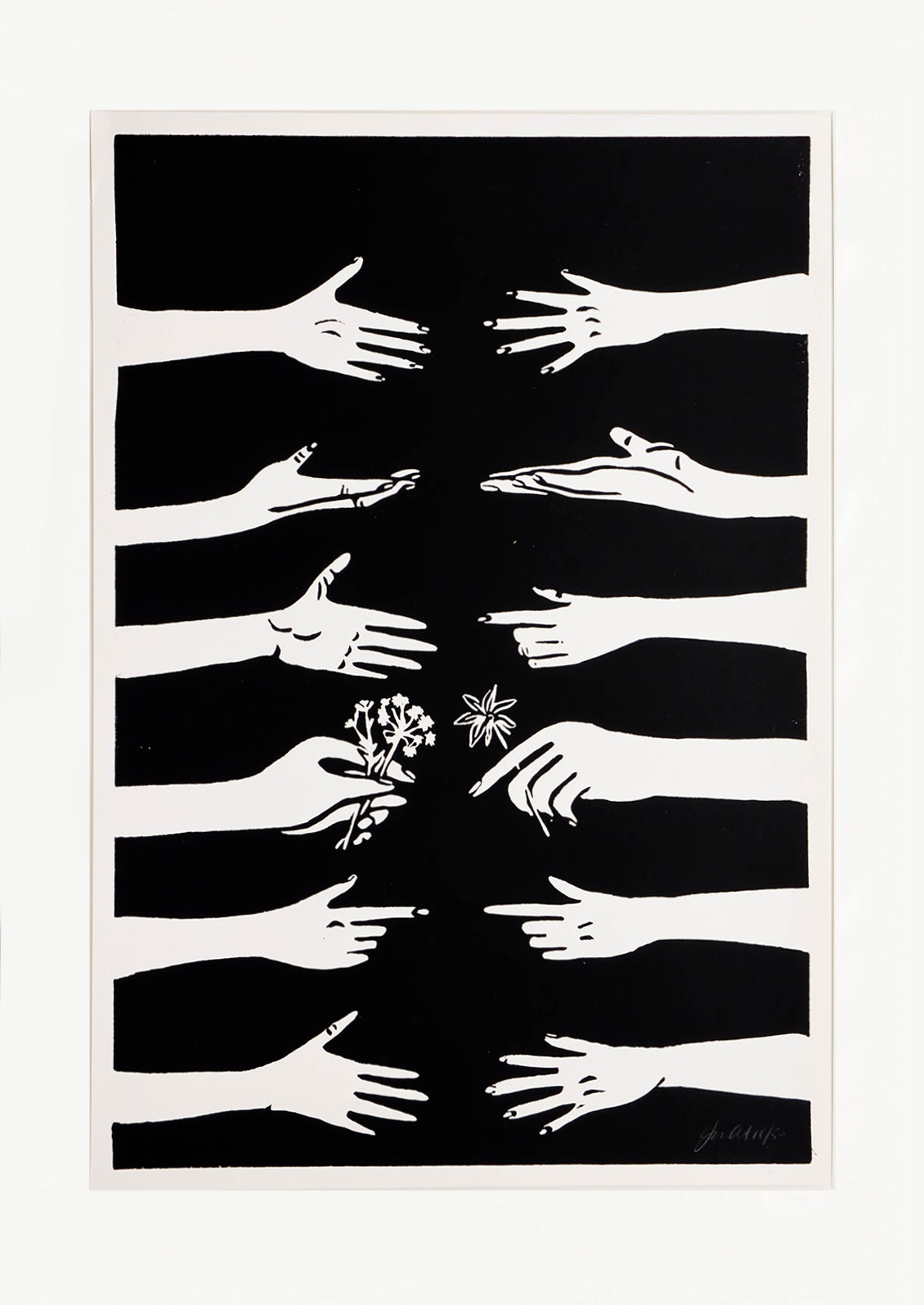 Hand printed artwork with black background and white printed hands reaching across to each other