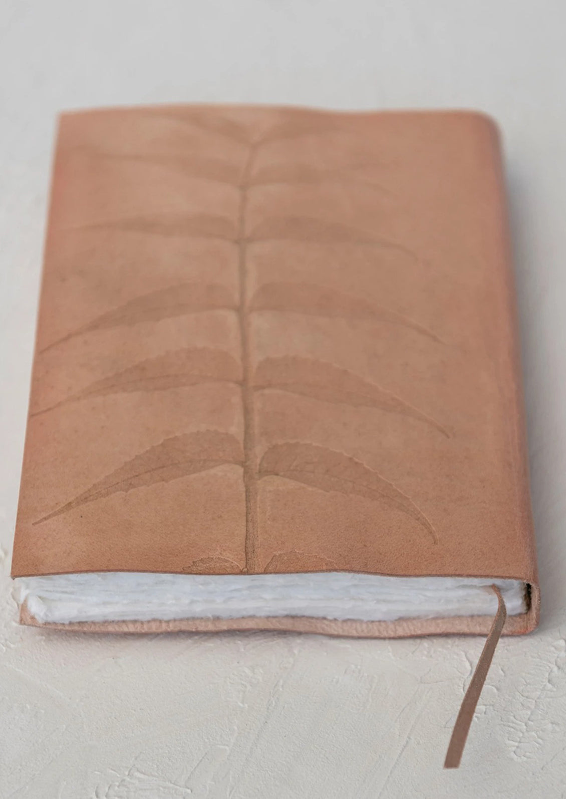 A natural leather journal with embossed leaf design.