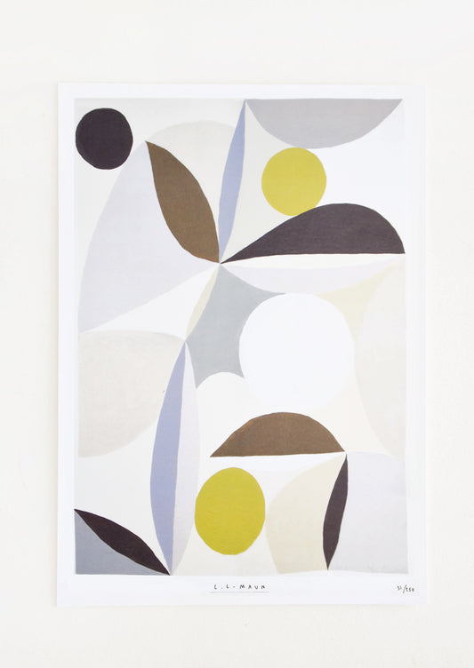 An abstract art print in muted shades of periwinkle, green and grey.