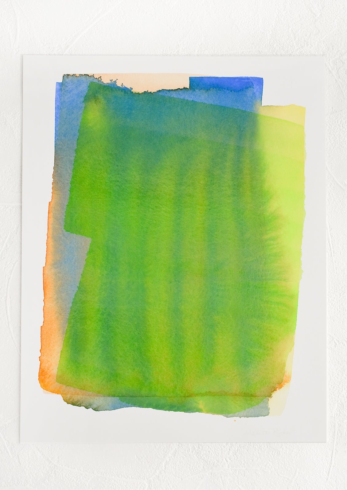 Art print of a watercolor abstract form in green, yellow, blue and orange.