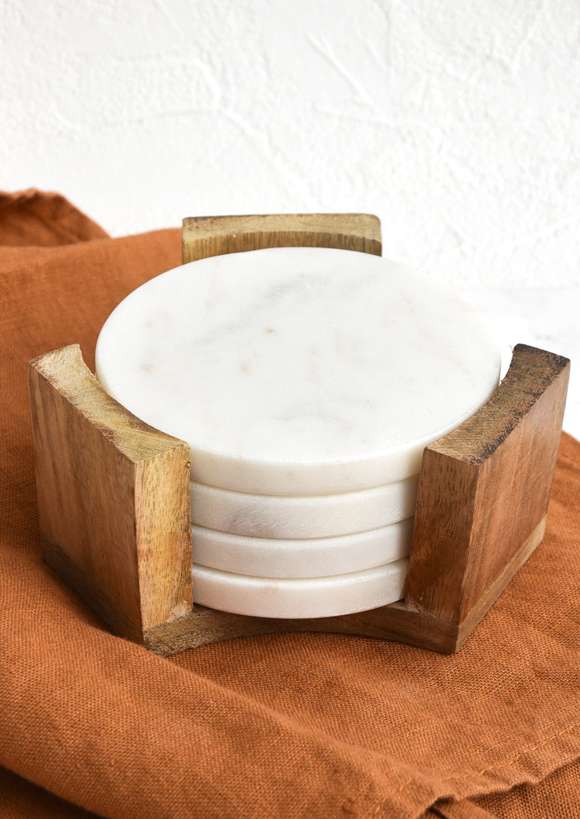 White Marble Coaster Set with Wooden Stand LEIF