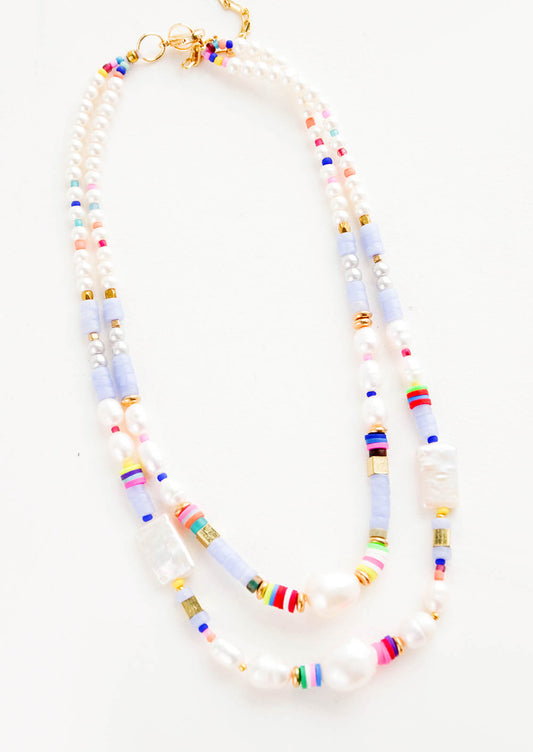 Chunky beaded double-layer necklace in a mix of pearl and colorful beads