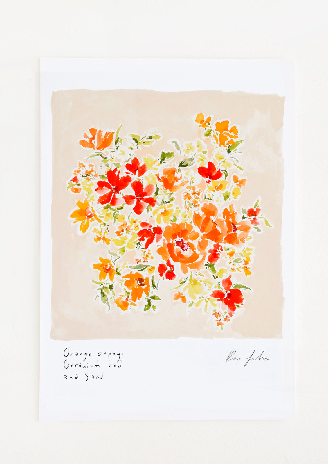 A floral art print with beige background and red, orange and yellow flowers.