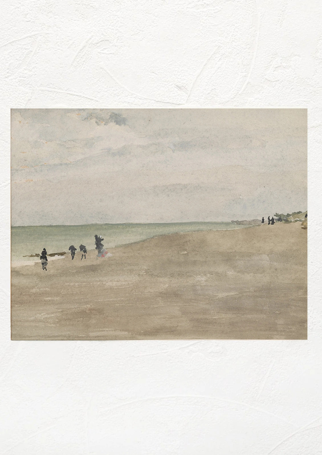 An antique reproduction art print of a cloudy shoreline.