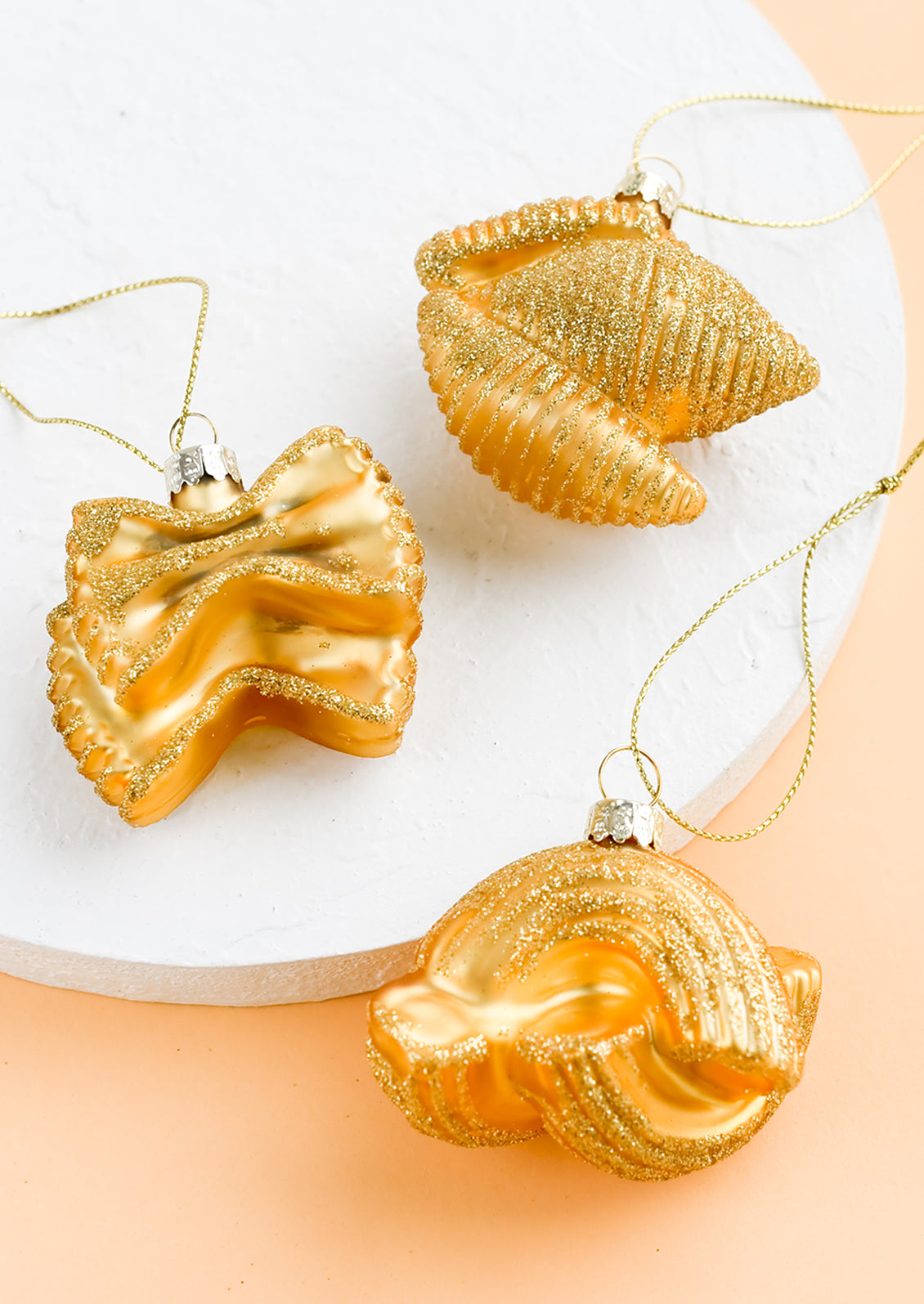 Glass ornaments in the shape of pasta.