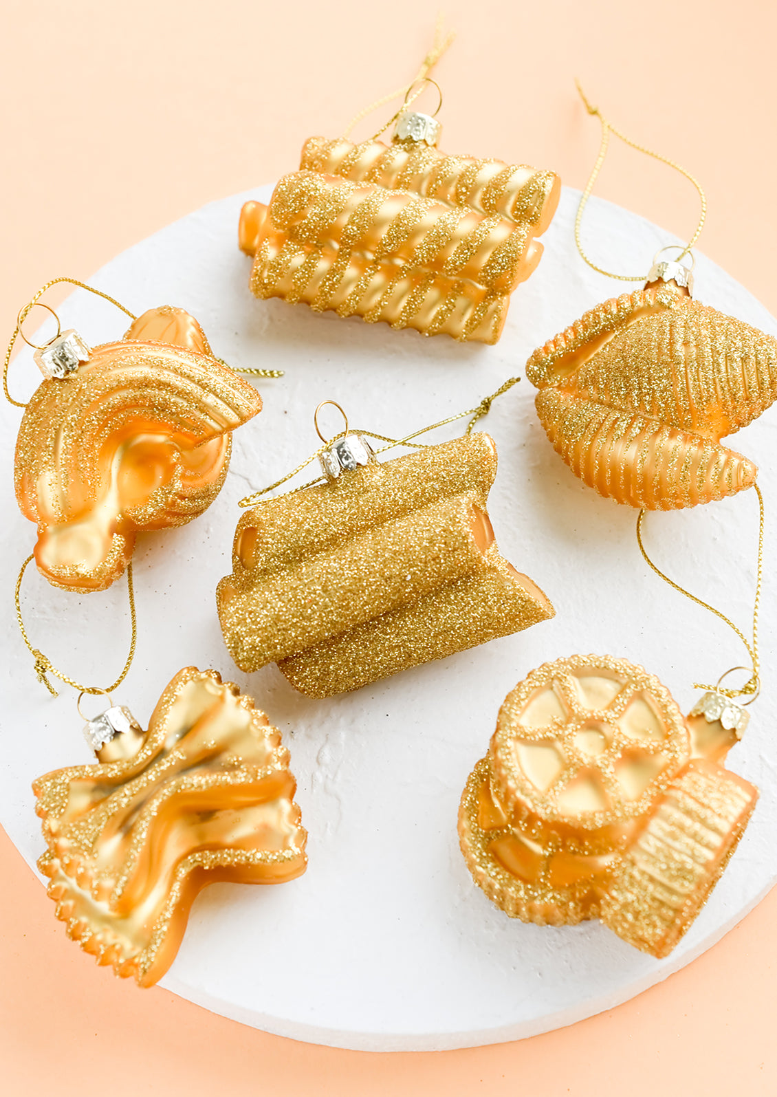 Glass ornaments in the shape of pasta.