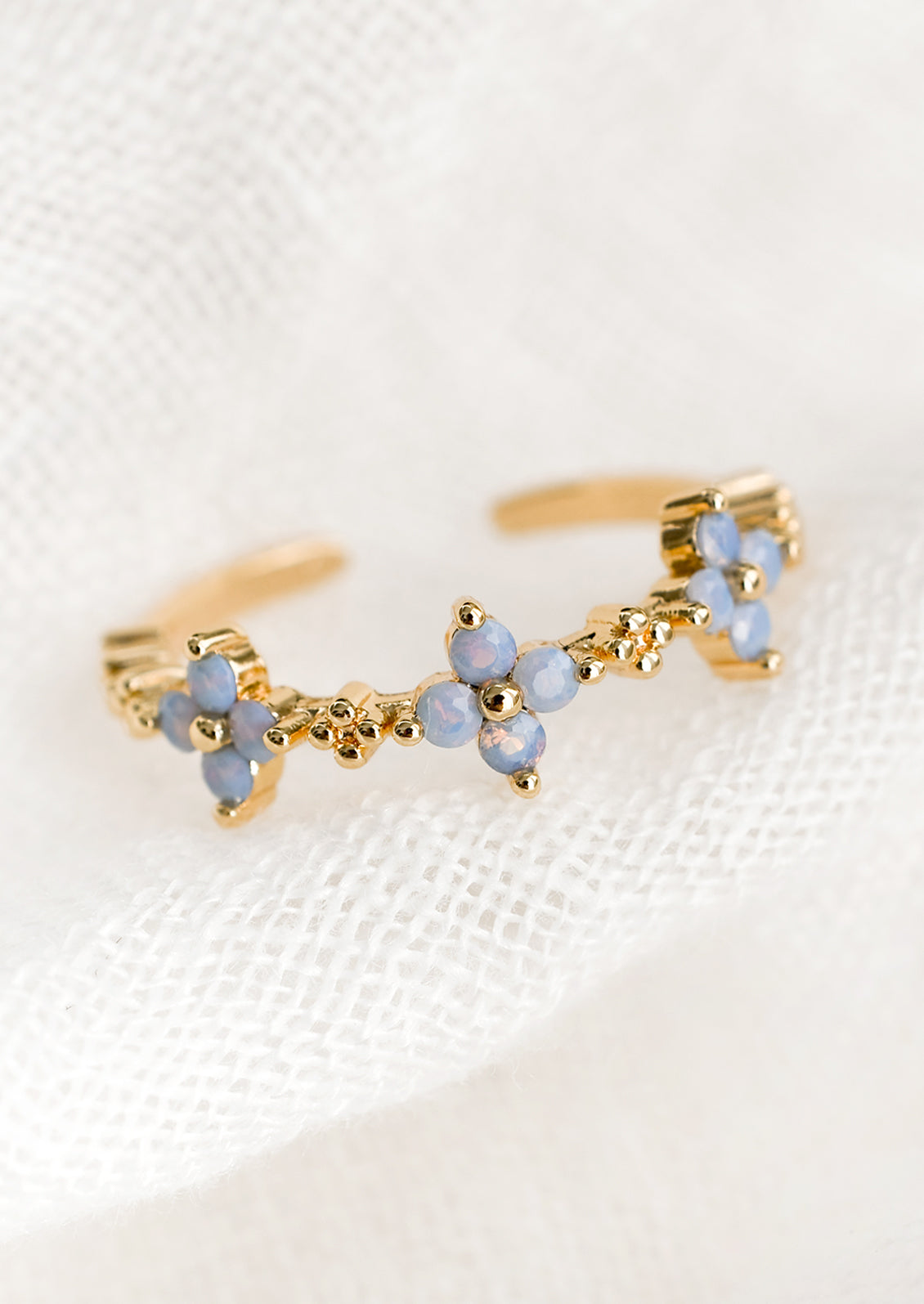 A gold ring with periwinkle floral design.