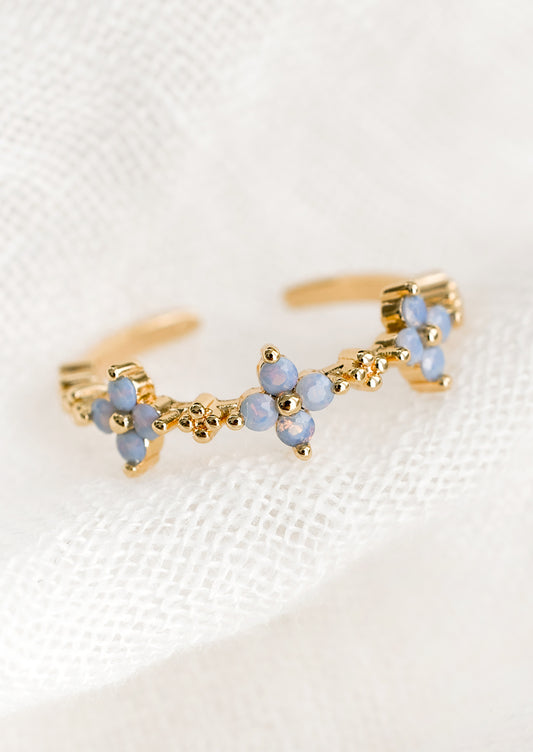 A gold ring with periwinkle floral design.