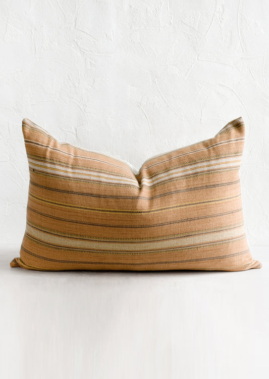 A lumbar pillow in clay stripe cotton fabric.