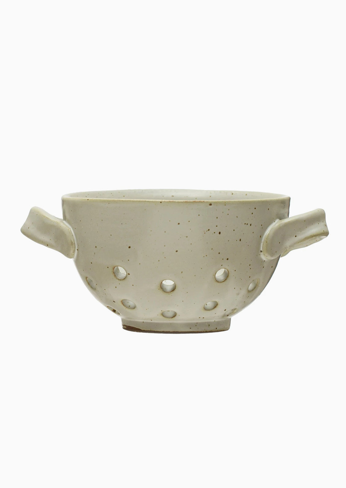 A small speckled ceramic berry colander with side handles.