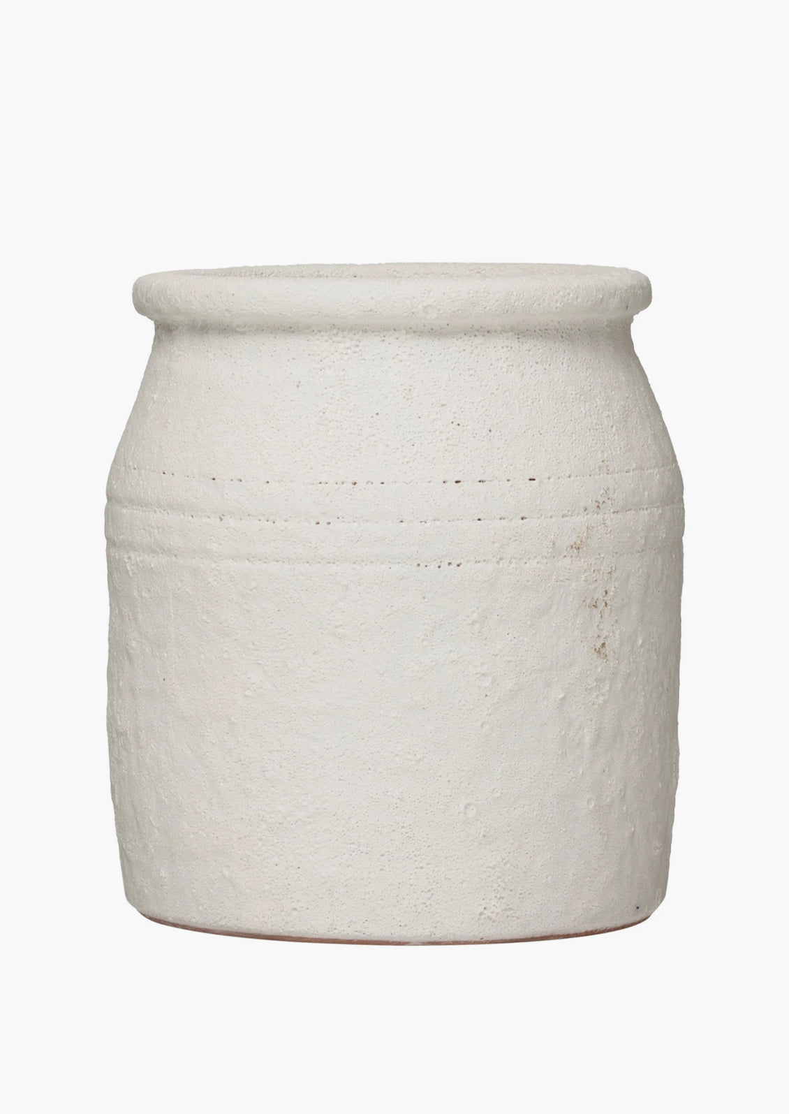 Crock-style utensil holder in ceramic with heavily textured, bubbly white glaze