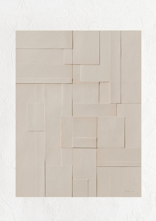 An art print featuring a photograph of layered neutral pieces of paper cut in squares and rectangles.