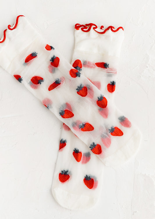 Sheer socks with strawberry print and ruffle red ankle.