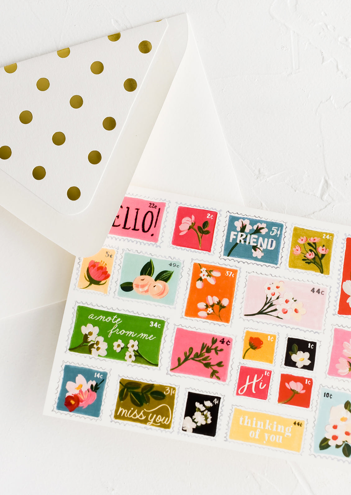 A greeting card with illustrations of postage stamps.