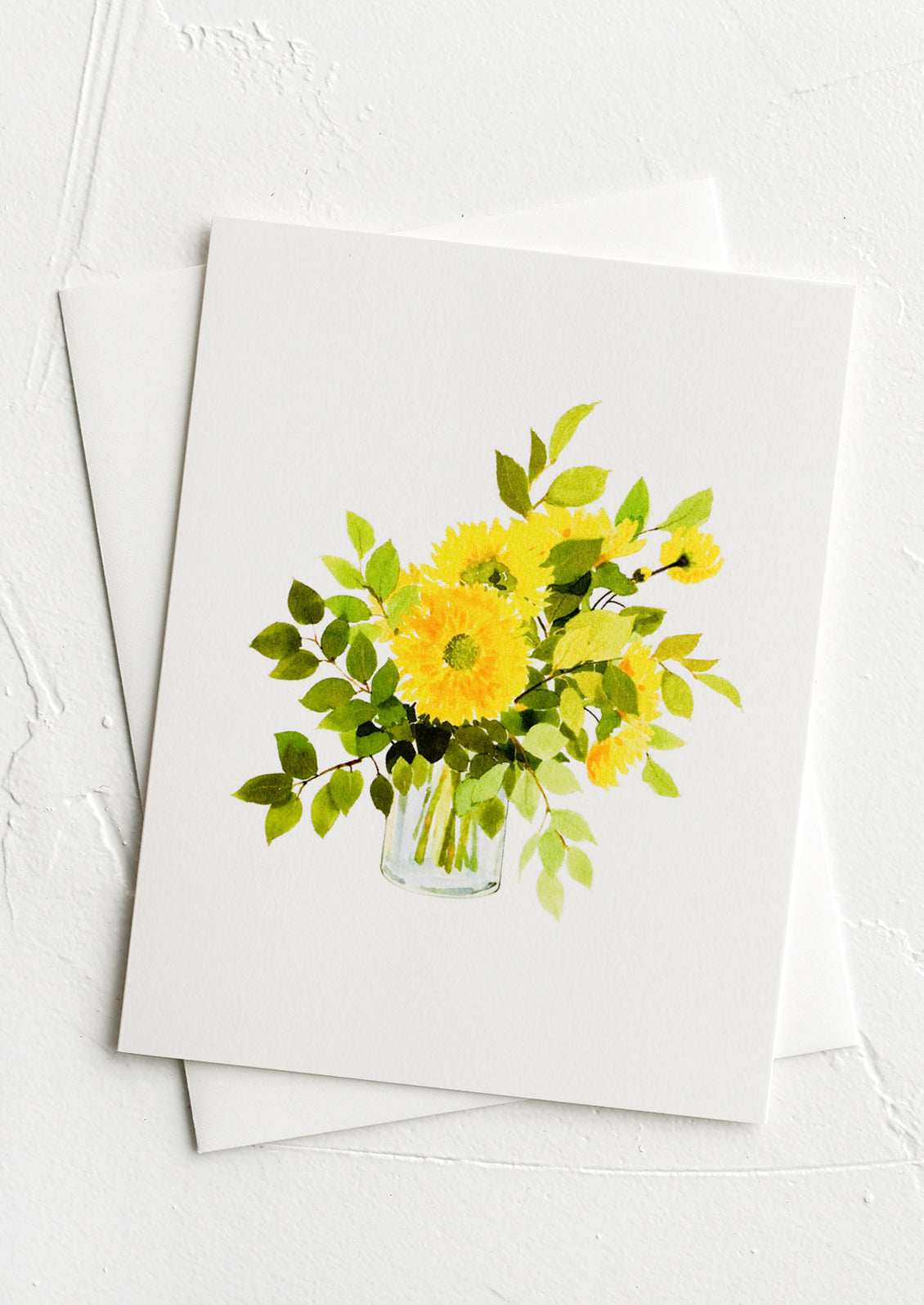 A greeting card with illustration of sunflowers in a vase.