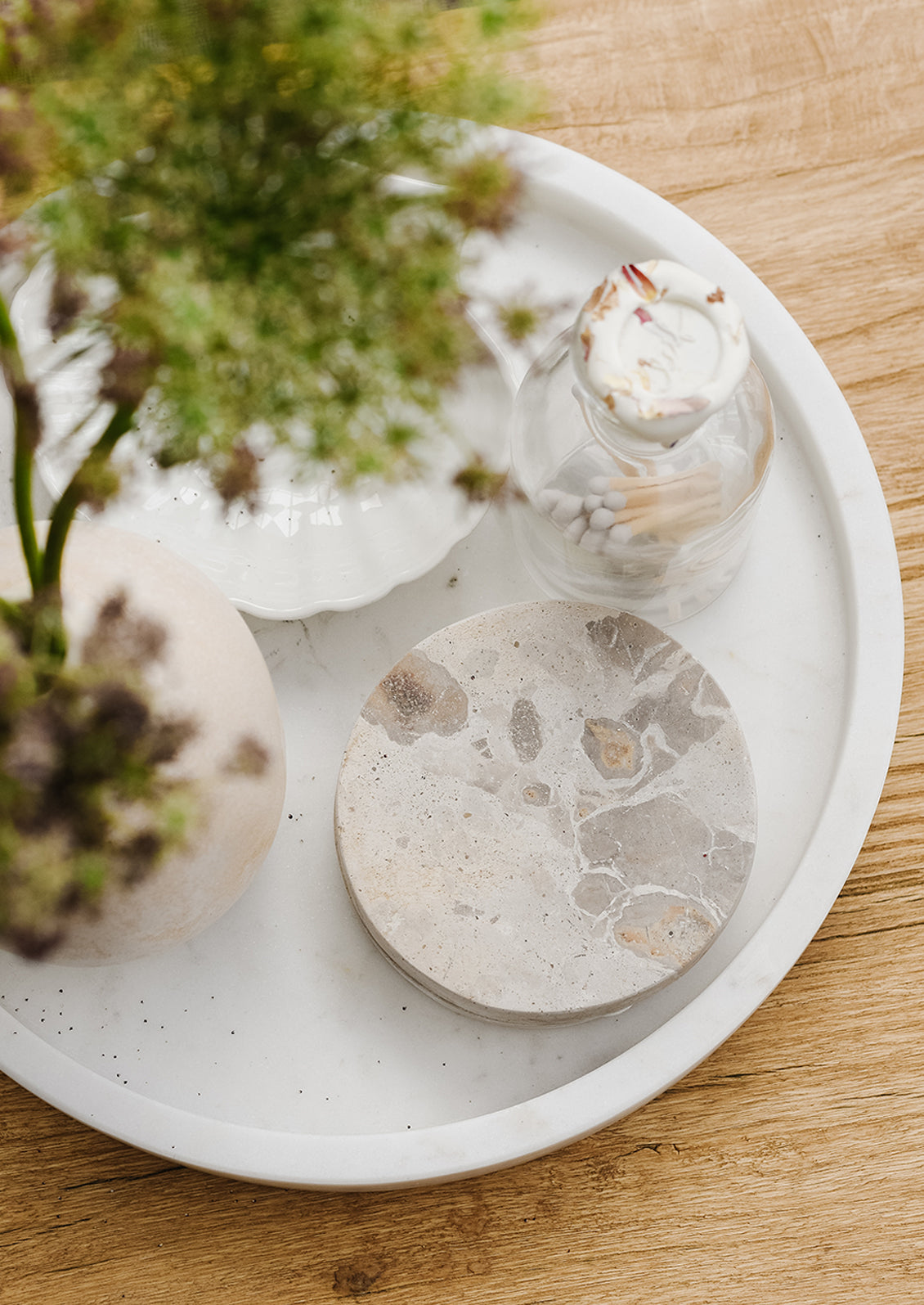 Coasters styled on a coffee table tray.