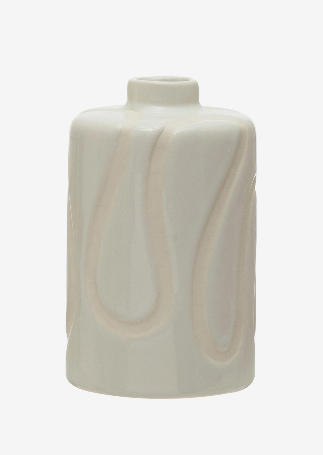 A glossy white ceramic vase with subtle cream squiggle design.