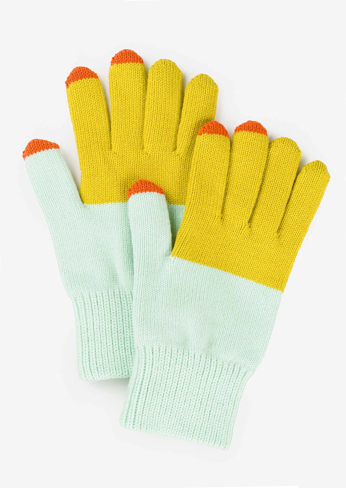 A colorblock pair of knit yarn gloves in aqua and chartreuse with orange tips.