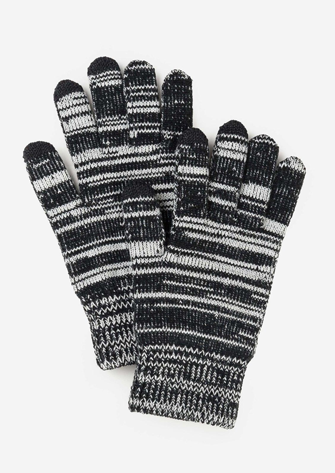 A colorblock pair of knit yarn gloves in black and white spacedye.