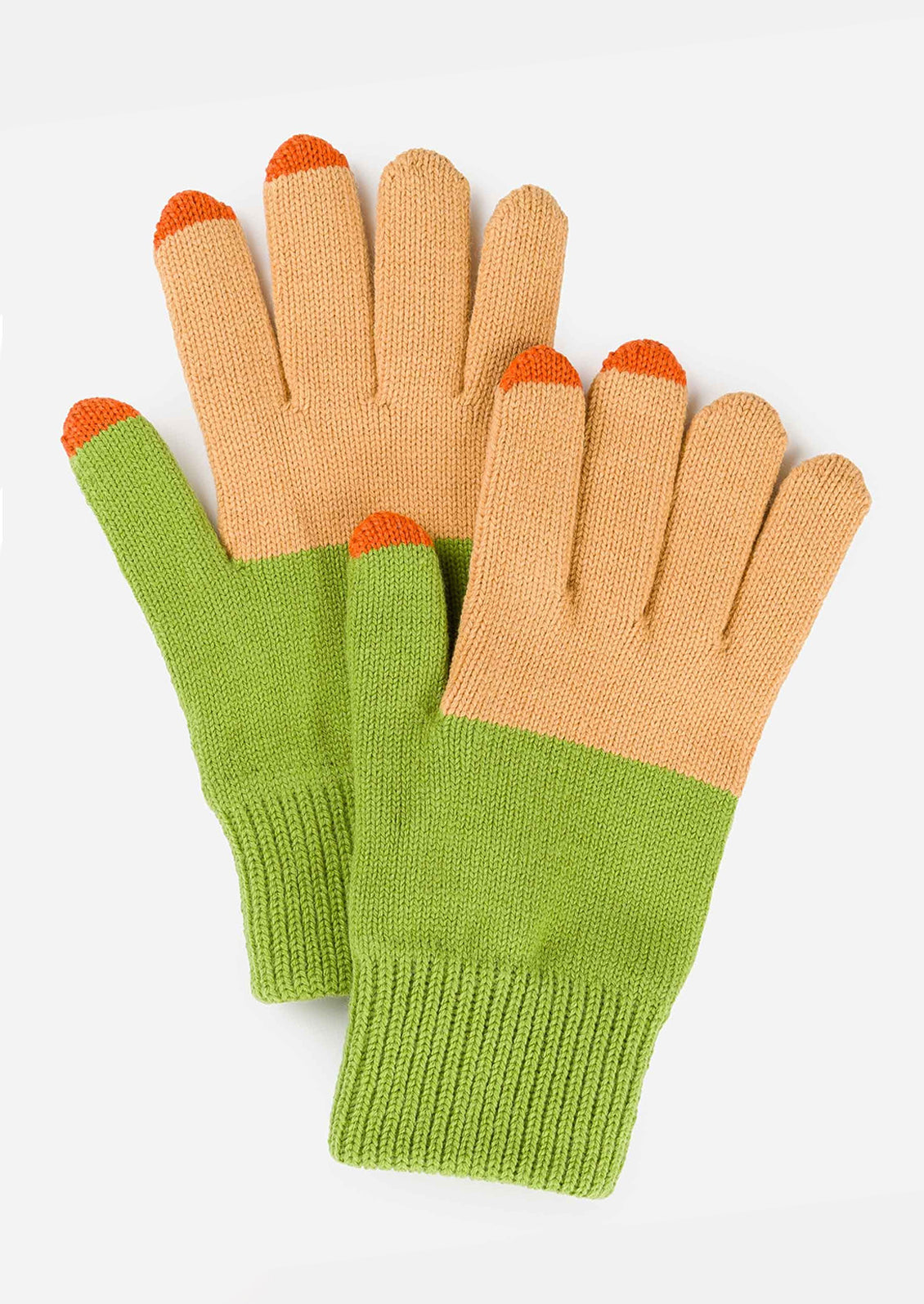 A colorblock pair of knit yarn gloves in camel and kiwi with orange tips.