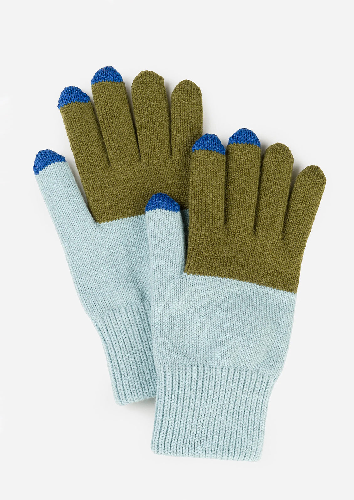 A colorblock pair of knit yarn gloves in aqua and olive green with cobalt blue tips.