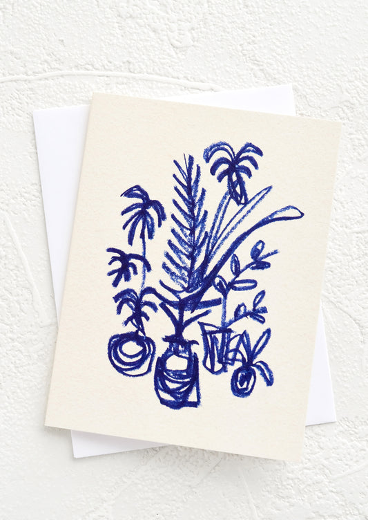 A small greeting card with ecru background and image of potted plants with "hand drawn" effect.